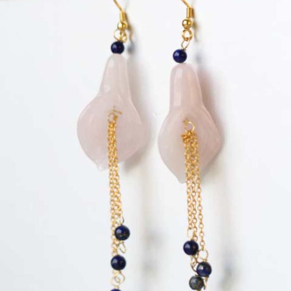Natural Pink Quartz Dangle Earrings Natural Gemstone Flower Earrings For Her - Picture 6 of 8